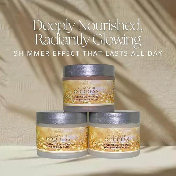 GLIMMER GODDESS Shimmer Body Butter with Organic Whipped Shea Butter for Hydration, Moisturizing & Silky Natural Glow - Bronze, Diamond & Gold in Sexy, 2oz, Pack of 3