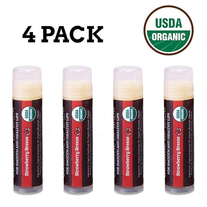 Earth's Daughter USDA Organic Lip Balm 4-Pack Strawberry flavor - Beeswax, Coconut Oil, Vitamin E - Best Lip Repair Chapstick for Dry Cracked Lips.