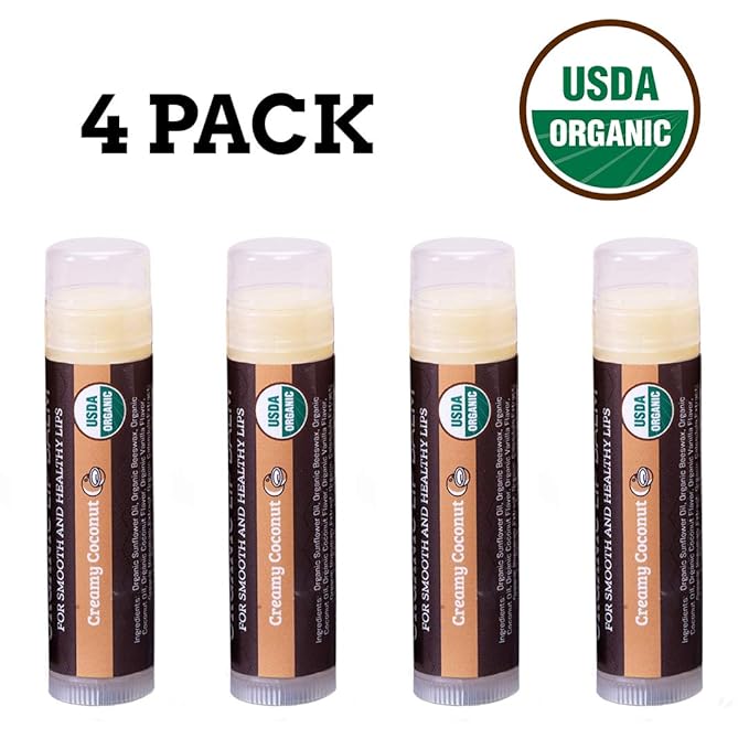 Earth's Daughter USDA Organic Lip Balm 4-Pack Creamy Coconut Flavor - Beeswax, Coconut Oil, Vitamin E - Best Lip Repair Chapstick for Dry Cracked Lips