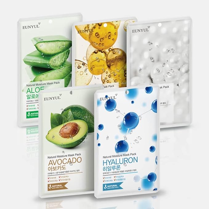 EUNYUL Natural Mask Sheet [Pack of 50] - Bulk Value Set, 5 Types x 10 Sheets (Aloe, Collagen, Pearl, Hyaluron, Avocado) - Korean Face Sheet Masks for Daily Skin Care