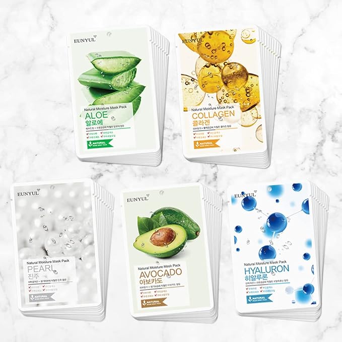 EUNYUL Natural Mask Sheet [Pack of 50] - Bulk Value Set, 5 Types x 10 Sheets (Aloe, Collagen, Pearl, Hyaluron, Avocado) - Korean Face Sheet Masks for Daily Skin Care