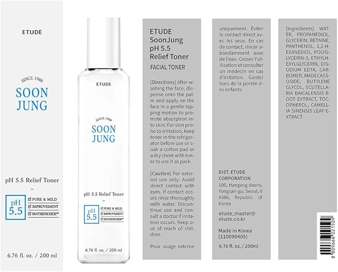 Etude SoonJung pH5.5 Relief Toner, Toner for Face, Hydrating Toner for Sensitive Skin, Vegan Face Toner, Panthenol, Madecassoside, Moisturizer, Korean Skin Care, Korean Toner, Beauty (6.76 Fl Oz)