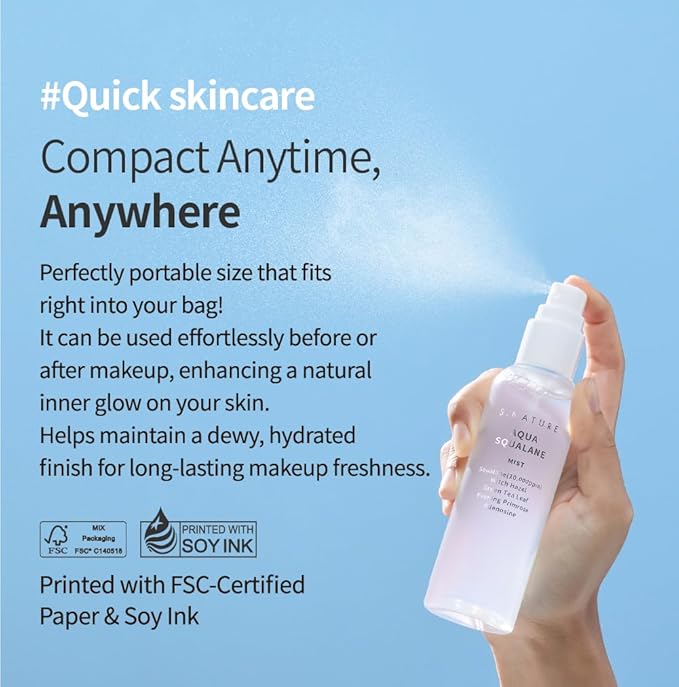 S.NATURE AQUA SQUALANE MIST, Vegan, Face Spray, Light-weight Face Moisturizer, Hydrating Mist for Glow Skin, Green Tea Extract for soothe skin, Korean Skincare (100ml, 3.38 fl oz.)