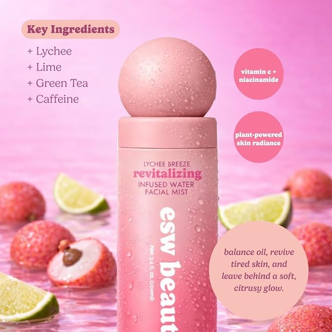 ESW Beauty Lychee Breeze Facial Mist - Hydrating Face Mist - Makeup Primer & Setting Spray - Scented Face Toner with Lychee Water, Lime, Green Tea & Caffeine 3.4oz