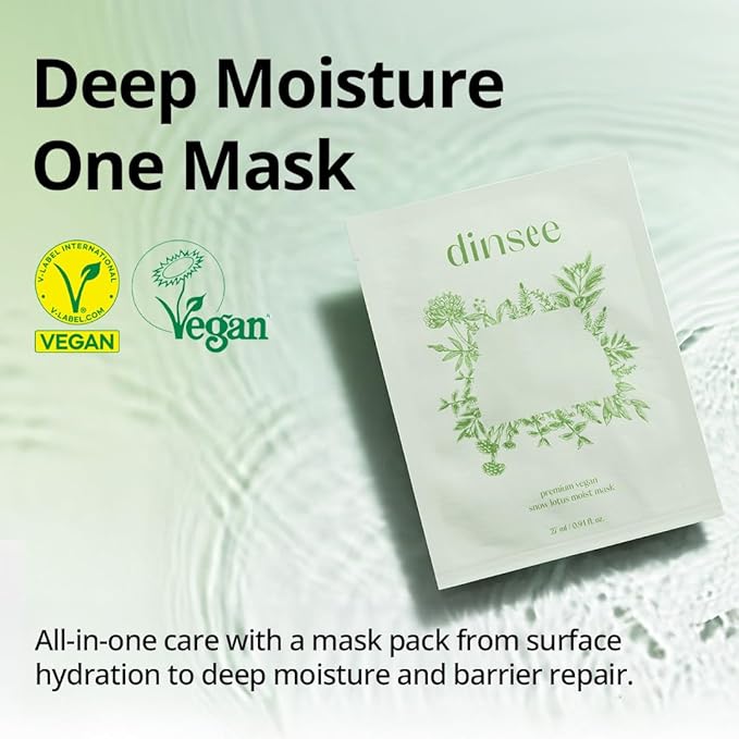 DINSEE Premium Vegan Snow Lotus Hyaluronic Mask Sheet- Hydrating and Moisturizing Sheet Masks, Quick Soothing, For All Skin Types, Korean Skin Care, 27ml × 5ea
