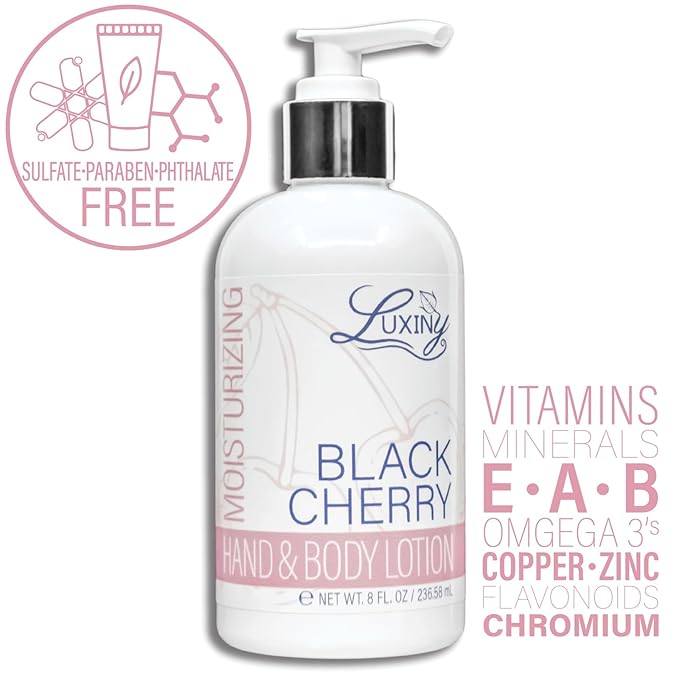 Luxiny Daily Vegan Hand & Body Lotion for Dry Skin,Made with Jojoba Oil & Vitamin E, USA Made, Non Greasy Phthalate/Sulfate/Paraben Free & Cruelty-Free Formula, 8 oz (8 oz, Black Cherry)