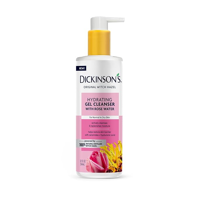 Dickinson's Original Witch Hazel Hydrating Gel Facial Cleanser with Rose Water, 12 Fl Oz, For Normal to Dry Skin, Hydrates and Nourishes Skin, Helps Calm Redness, Alcohol-Free Face Wash