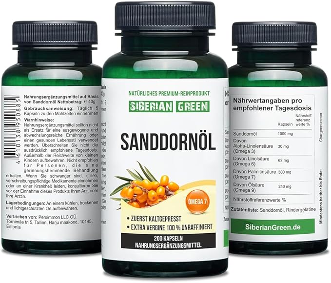 Siberian Sea Buckthorn Oil Capsules 200 Softgels | from Wild-harvested Siberian Sea Buckthorn Berries | Oil Cold Pressed Unrefined Gluten Free Non-GMO Premium Omega 7