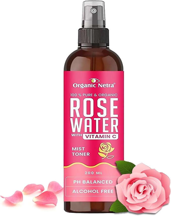 Organic Netra Rose Water with Vitamin C | Exfoliates the Skin and Controls Oil | Excellent for Clearing Away Makeup & Dirt from Pores | Mist Spray for All Skin Type | Paraben and Alcohol Free - 200 ml