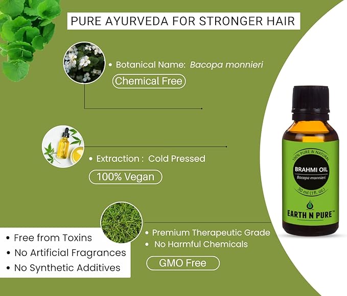 Earth N Pure Brahmi Oil for Hair, Cold Pressed, Natural and Therapeutic Grade with Glass Dropper - 30 ML