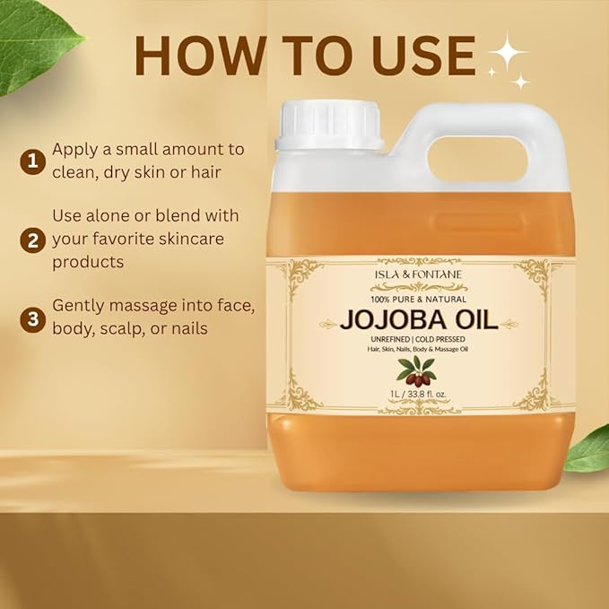 ISLA & FONTANE Jojoba Oil – 1L (33.8 fl oz) | 100% Pure & Natural | Golden, Unrefined, Cold Pressed | Hexane-Free Carrier Oil for Skin, Hair, Face, Nails & Body Moisturizing