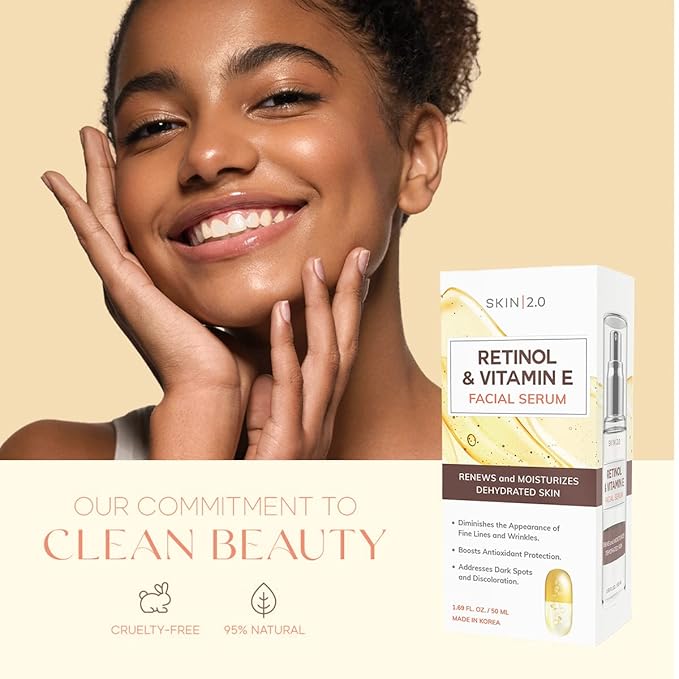 Skin 2.0 Retinol & Vitamin E Face Serum - 1.69 Fl. oz, Cruelty-Free, Reduces Acne Scars, Wrinkles, Anti-Aging, Skin Renewal, Hydrating, Korean Beauty