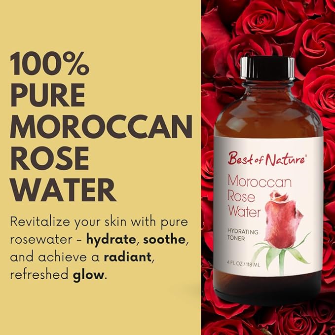 Best of Nature Moroccan Rose Water Hydrating Toner – 100% Pure and Natural Facial Toner for Skin Soothing and Hydration – 4 fl oz