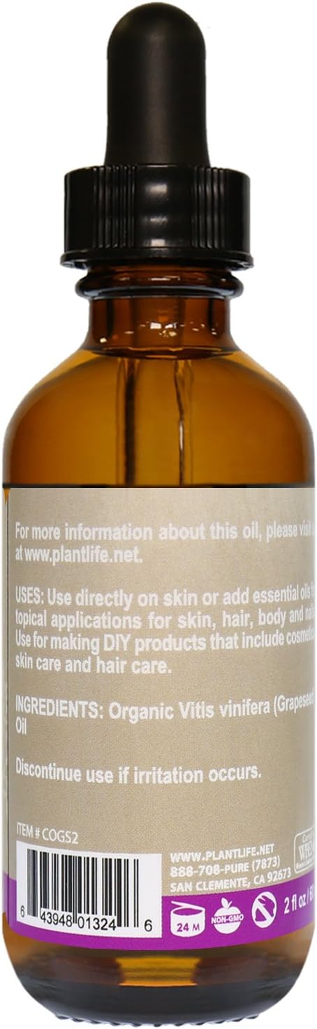 Plantlife Grapeseed Carrier Oil - Cold Pressed, Non-GMO, and Gluten Free Carrier Oils - For Skin, Hair, and Personal Care - 2 oz