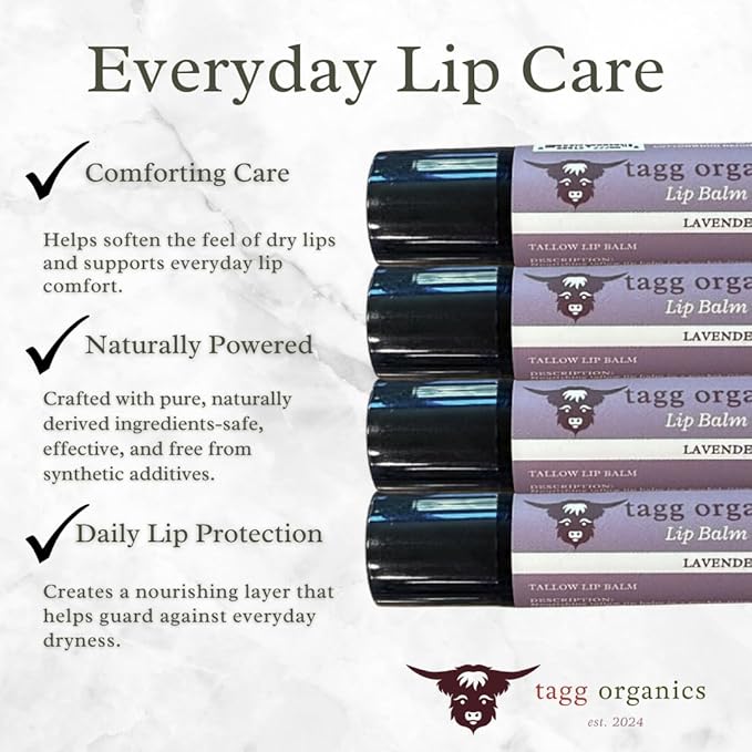 Lavender Tallow Lip Balm – Moisturizing Lip Care with Grass-Fed Tallow, Natural Beeswax & Essential Oils, 4 Pack (.15 oz)