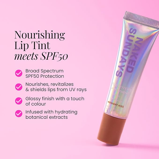 Naked Sundays Poutscreen SPF 50 Lip Treatment – Hydrating Lip Balm with Broad Spectrum, Glossy Non-Sticky Finish, Nourishing Lip Care with Peptides for Protected Lips - 15ml (Midnight Kiss)