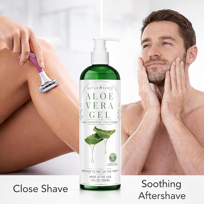NTRSNS NaturSense 99% Organic Aloe Vera Gel. Deep Hydration, Effective Moisturizing. For Hair, Scalp, Face, Acne, Sunburn, Dry Winter Skin, Sensitive Skin, Shaving. Unscented, 12 oz. Made in the USA