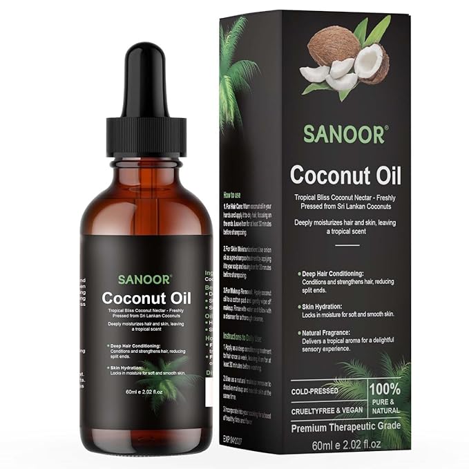 SANOOR Coconut Oil for Hair & Skin | Cold-Pressed from Sri Lankan Coconuts | Deep Hair Conditioning, Skin Hydration | 100% Pure Natural, Vegan | Tropical Scent | 60ml