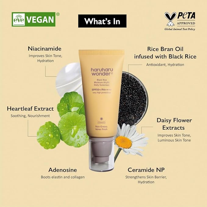Haruharu Wonder Black Rice Moisture Airyfit Daily Sunscreen 1.69fl.oz - Velvet Finish, No White Cast, Hydrating, Moisturizing, Korean Skin Care, Vegan, Clean Beauty