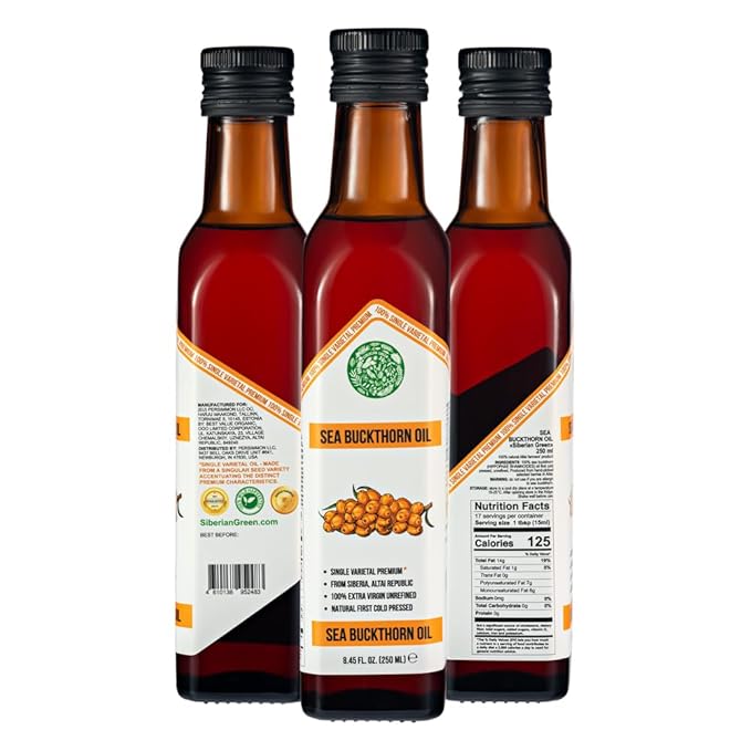 Siberian Green Sea Buckthorn Oil – 250ml Single Varietal Seed and Berry Oil – Extra Virgin Unrefined Cold Pressed Ideal for Cooking Salads Cosmetics Skin Care
