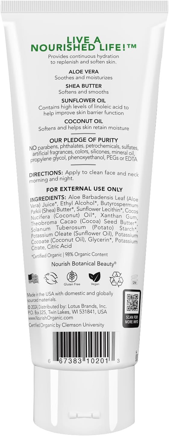 Nourish Organic Body Lotion, Unscented – Hydrating Body Lotion for Dry Skin with Certified Organic Aloe Vera, Shea Butter, Coconut Oil & Cocoa Butter + Washable Cotton Round (2 Piece Set)