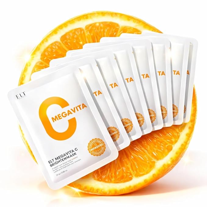 ELT Mega Vitamin C Sheet Mask 10Pack - Brightening, Hydrating, Wrinkle care - Korean Face Mask with Niacinamide, Vitamin C & Hyaluronic Acid - Vegan Skincare Made in Korea (25g/0.88 oz each)