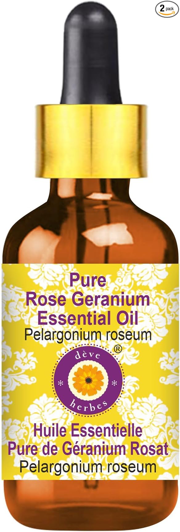 Deve Herbes Pure Rose Geranium Essential Oil (Pelargonium roseum) with Glass Dropper Steam Distilled 50ml (1.69 oz)