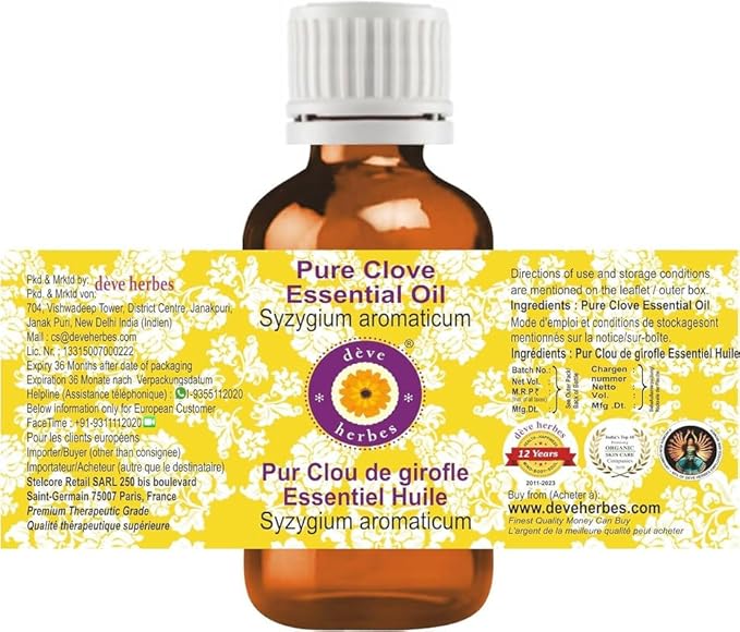 Deve Herbes Pure Clove Essential Oil (Syzygium aromaticum) Steam Distilled 30ml (1 oz)