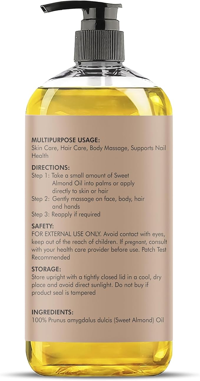 Majestic Pure Sweet Almond Oil 8 Fl Oz - 100% Pure and Natural- Cold Pressed & Hexane Free Natural Hair Growth Oil for Eyelashes, Eyebrows, Skin, Body, Face, Nails & Scalp