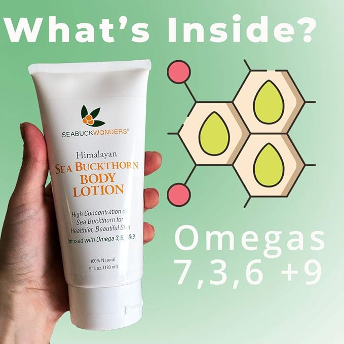SeabuckWonders Organic Sea Buckthorn Body Lotion, Moisturizing Body Cream with Omega 3,6,7,9, Protects, Soothes Sensitive, Dry Skin, For All Skin Types, 6 Fl Oz