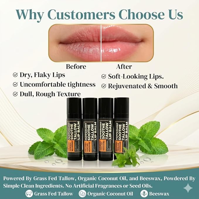 Tallow Lip Balm | 100% Grass-Fed Beef Tallow, Organic Coconut Oil & Beeswax | Natural Lip Care for Dry, Chapped Lips & Dry Lips | No Seed Oils | Peppermint | Handcrafted in USA | 4-Pack