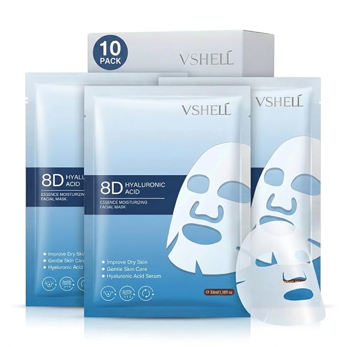 Hyaluronic Acid Face Sheet Mask, Set of 10 - Hydrating Korean Beauty Treatment - Moisturising Facial Skincare for Women and Men - With Aloe Vera, Trehalose and Anti Aging Squalene