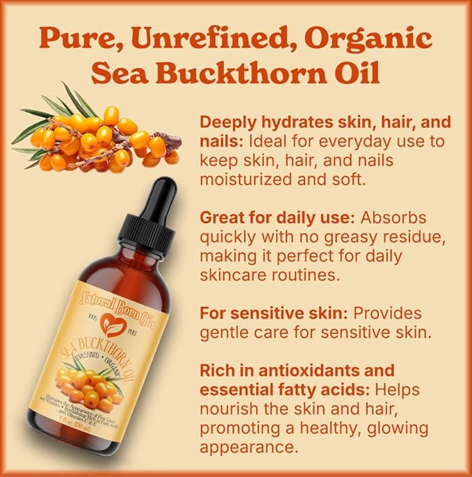 Natural Born Oils Sea Buckthorn Oil, 8oz, Organic, Cold-Pressed, Rich in Fatty Acids, Ideal for Moisturizing Skin, Strengthening Hair
