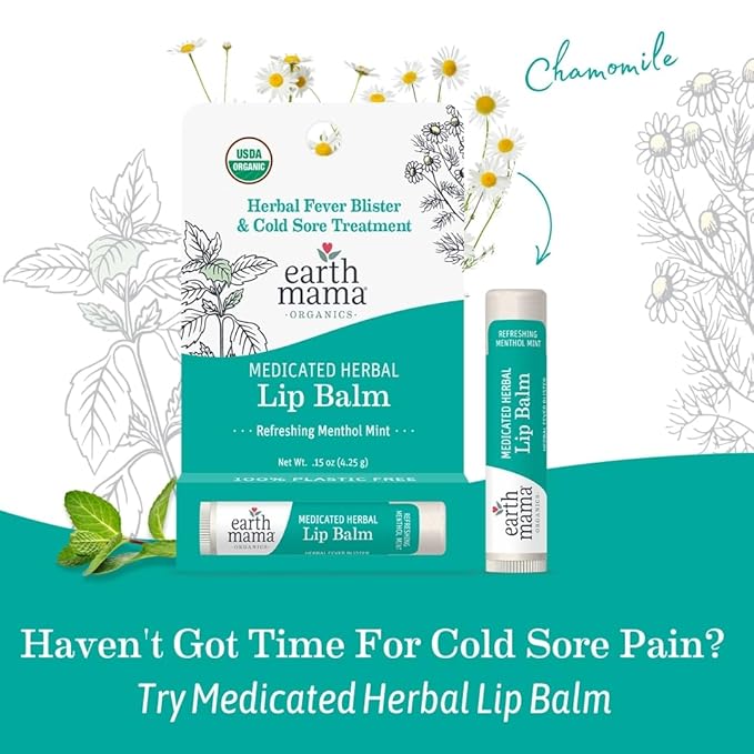 Earth Mama Medicated Herbal Lip Balm | Organic Lip Balm with Menthol for Fever Blister & Cold Sore | Refreshing Menthol Mint Lip Care, 0.15 oz (2-Pk)