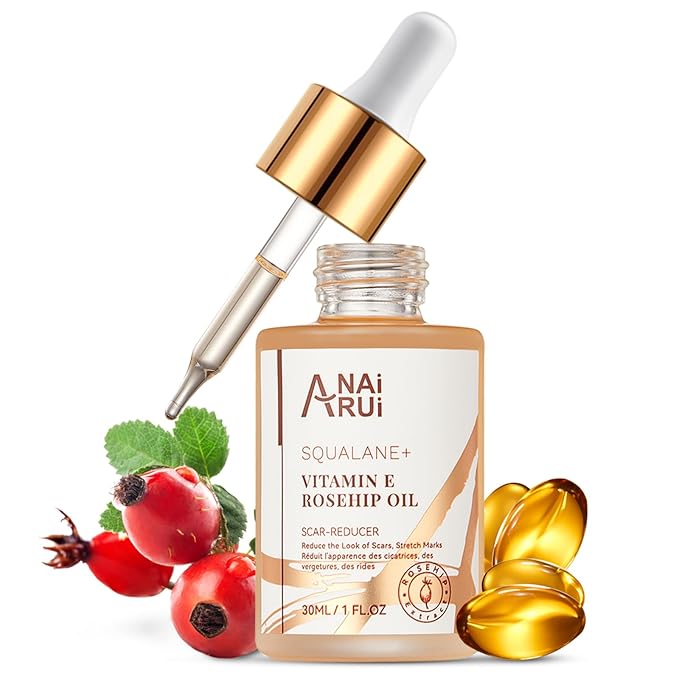 ANAI RUI Squalane + Vitamin E Rosehip Oil Moisturizer for Face,Hair,Skin& Nail Hydrate, Reduce Scars and Stretch Marks, Wrinkles for Smoother, Softer Skin 1 fl. Oz