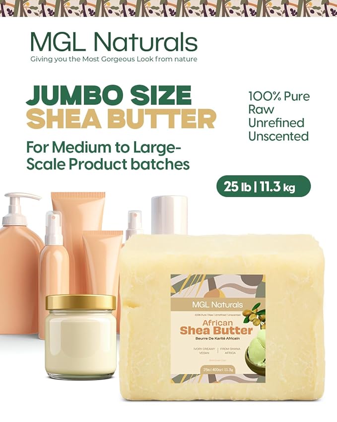 MGL Naturals Raw African Shea Butter Ivory 25 lb, 100% Pure and Unrefined. Nourish and moisturize skin and hair. Use alone or DIY recipes. From Ghana (25 lb)