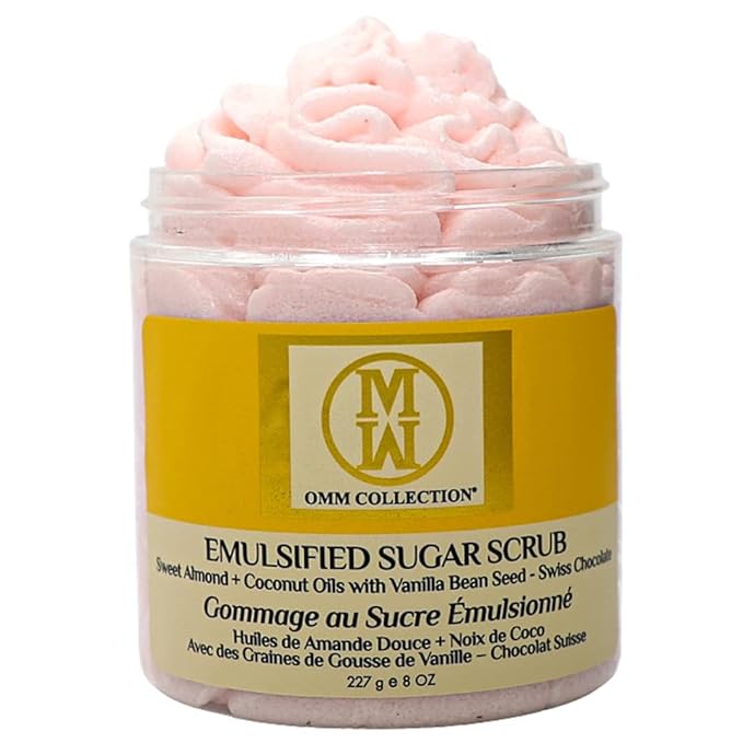 OMM Collection Emulsified Sugar Scrub - natural Hand & Body Scrub with Camellia Sinensis Oil, Sweet Almond Oil & Coconut Oil - Nourishing, Moisturizing & Exfoliating Skin (Swiss Chocolate) 8oz