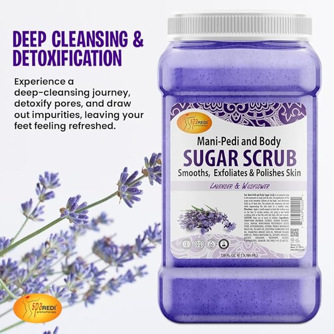 SPA REDI – Sugar Body Scrub, Lavender and Wildflower, 128 Oz Exfoliating, Moisturizing, Hydrating and Nourishing, Glow, Polish, Smooth and Fresh Skin - Body Exfoliator