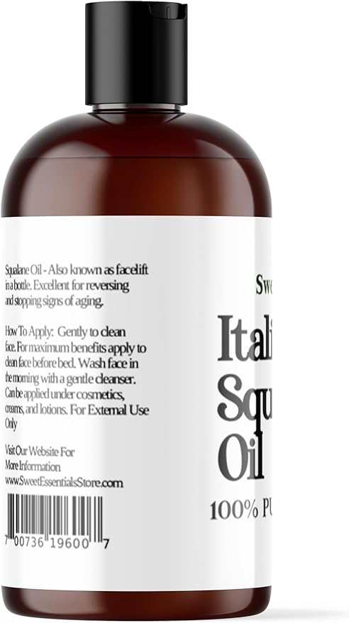 Italian Olive Squalane Oil, 4oz Imported from Italy, 100% Pure Olive Derived, Vegan, Anti-Aging, Non-Greasy, for Face, Skin & Hair by Sweet Essentials