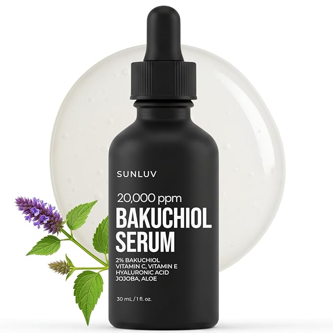SUNLUV Bakuchiol Serum for Face - 2% Bakuchiol Retinol Alternative | Hyaluronic Acid Vitamin C + E Jojoba Oil | Plumping Hydrating Anti-Aging | Wrinkles Brightening Firming Sensitive Skin Vegan – 1 oz