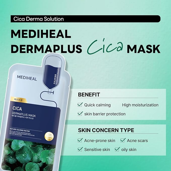 Mediheal Dermaplus Cica Mask (10 Counts) - Daily Vegan Mask for Calming Skin with Panthenol & Hyaluron, Korean Self Skin Care Sheet Mask