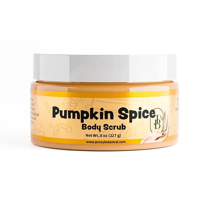 Jersey Botanical Baby Powder Shea Sugar Body Scrub – Exfoliating, Hydrating & Moisturizing Skin Care with Shea Butter, Smooth & Soften Skin, 8 oz (Pumpkin Spice)