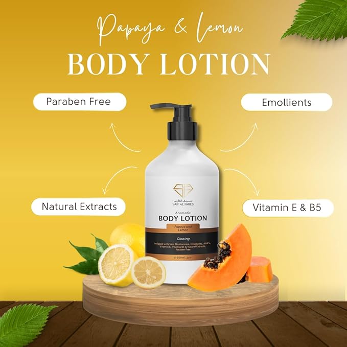 SAIF AL FARES Papaya and Lemon Body Lotion Alcohol Free & Paraben Free with Papaya and Lemon Scent made with Emollients, Vitamin E, Vitamin B5 & Natural Extracts 16.9 Fl Oz