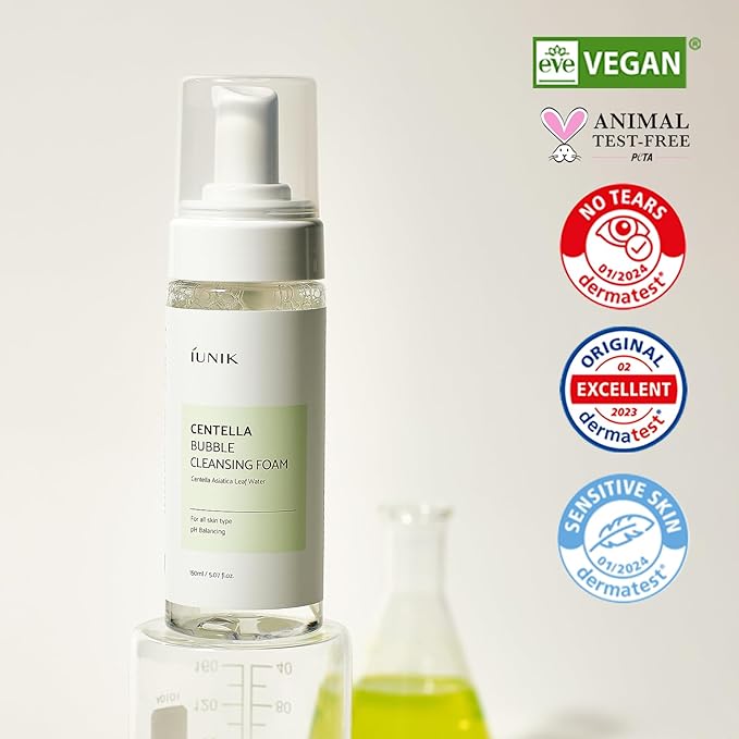 IUNIK Centella Bubble Foaming Vegan Facial Cleanser - 69% Centella Asiatica Extract, Soothing, Moisturizing, Exfoliating, Removes Pore Blackheads, Whiteheads, 5.07 Fl Oz