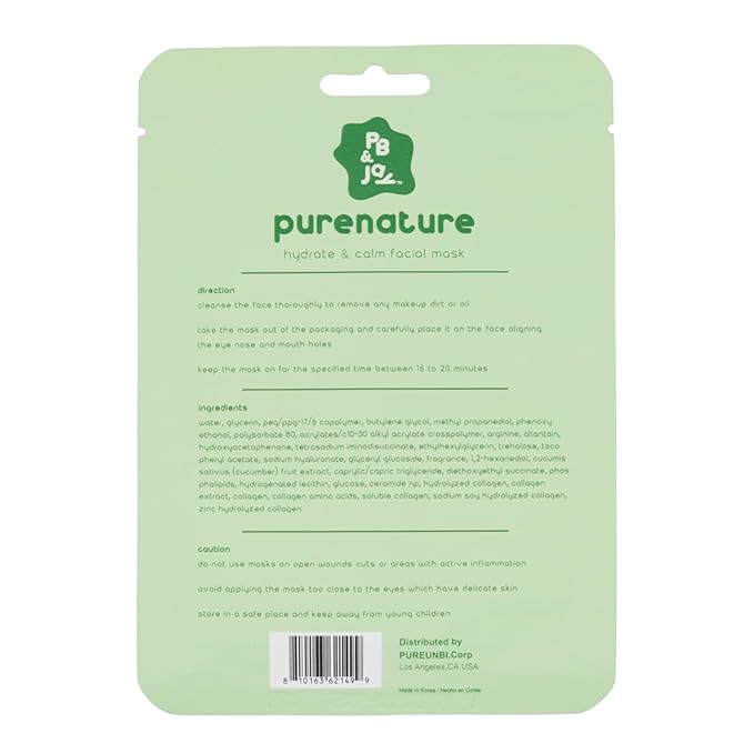 PB & JAY Purenature Facial Mask – Premium Quality Korean Sheet Mask for Dry Skin – Korean Collagen Essence Hydrating Facemask Sheet (Cucumber)
