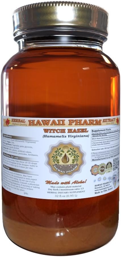 Witch Hazel Liquid Extract, Witch Hazel (Hamamelis Virginiana) Tincture, Herbal Supplement, Hawaii Pharm, Made in USA, 32 fl.oz