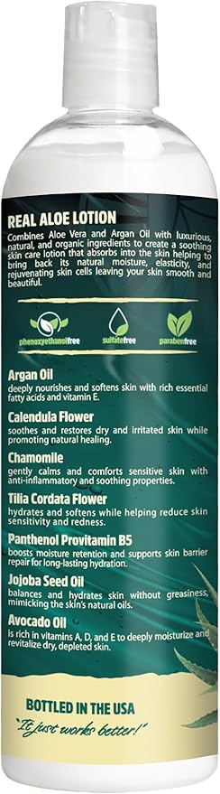 Real Aloe Aloe Vera Lotion (16 fl oz) | Organic Aloe for Face, Body & Hands | Lightweight, Fast-Absorbing Moisturizer | Non-Greasy Hydration for Dry & Sensitive Skin | Made in USA