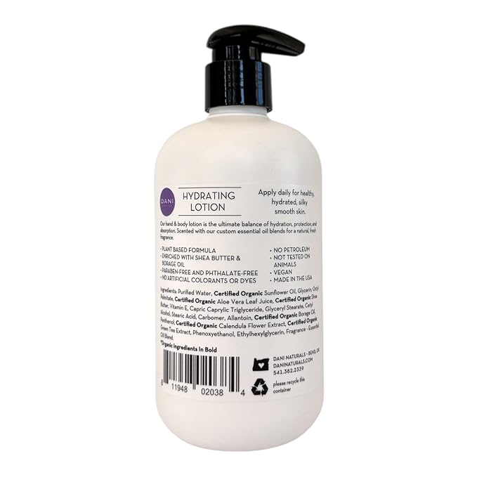DANI Naturals Lemongrass Lavender Hydrating Lotion, Vegan Paraben-Free, Made with Organic Ingredients,12 fl oz