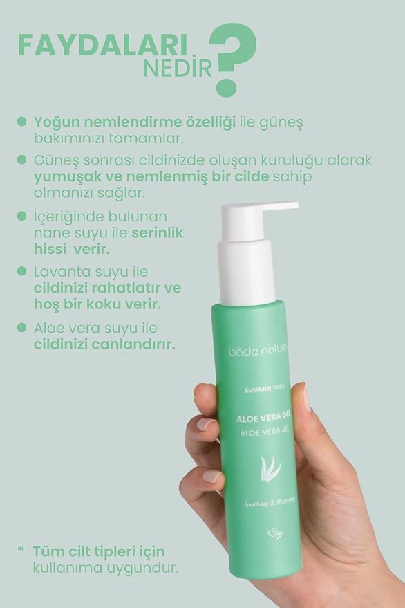 Bade Natural Aloe Vera After Sun Gel – Hydrating & Cooling Gel for Face and Body with Lavender and Mint Water – Soothes, Moisturizes, and Refreshes – 3.38 fl oz