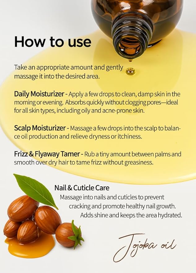 BEAUDIANI Organic Jojoba Oil 100ml (3.38 fl.oz) 100% Pure Natural Golden Oil, Cold Pressed Virgin, Vitamin E Oil, Moisturizer for Skin, Face, Body, Hair, Nail, Israel Origin